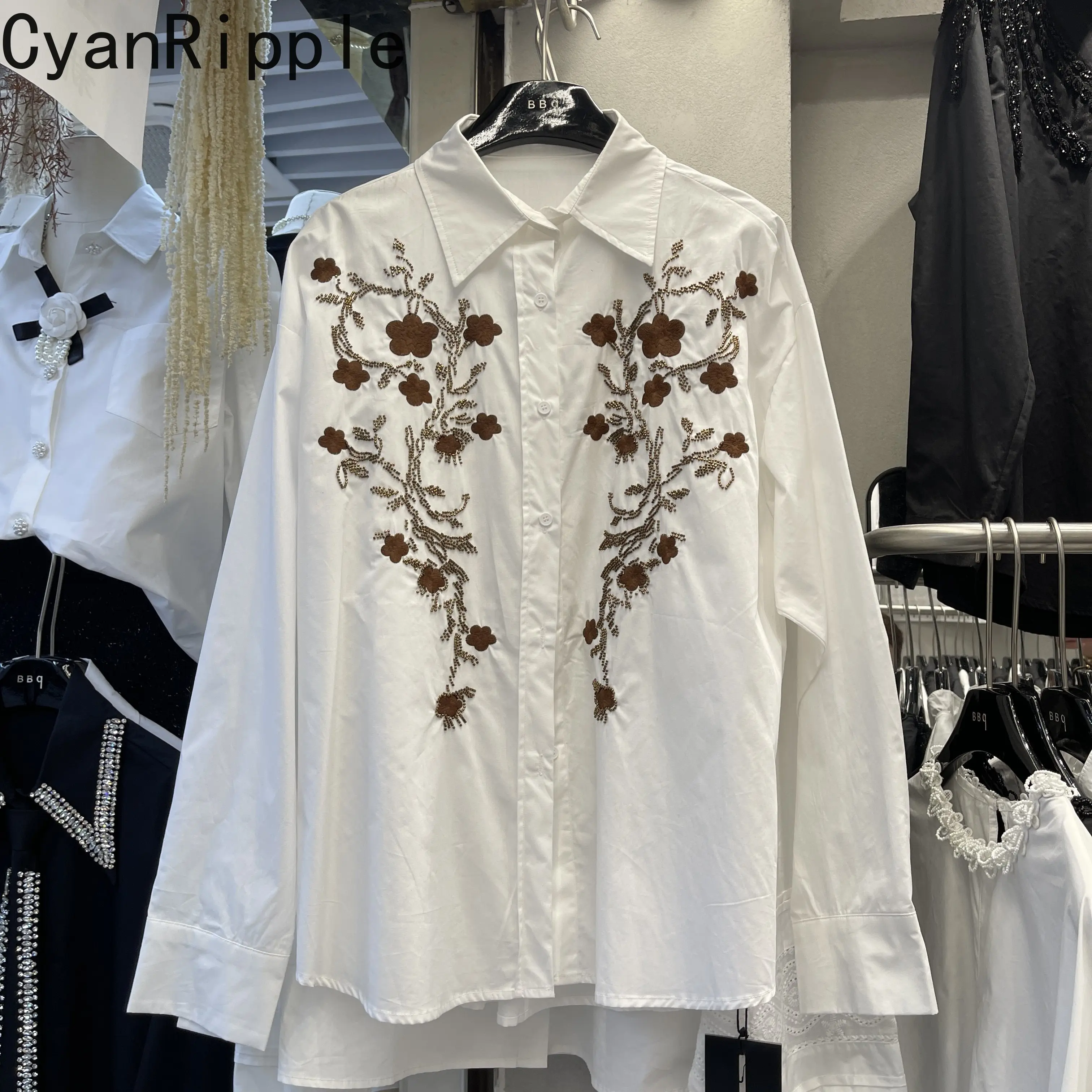 

2026 New Spring Long Sleeve Women White Blouses Beading Embroidery Turn-down Collar Loose Cardigans Top Casual Cotton Shirts