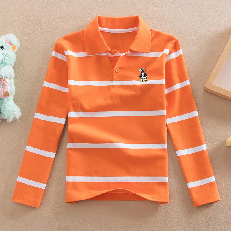 Spring Autumn Boys Striped Print T shirt Unisex Teen Lapel Polo Shirt Children T-shirt Top For 3-14Years Kids Clothes