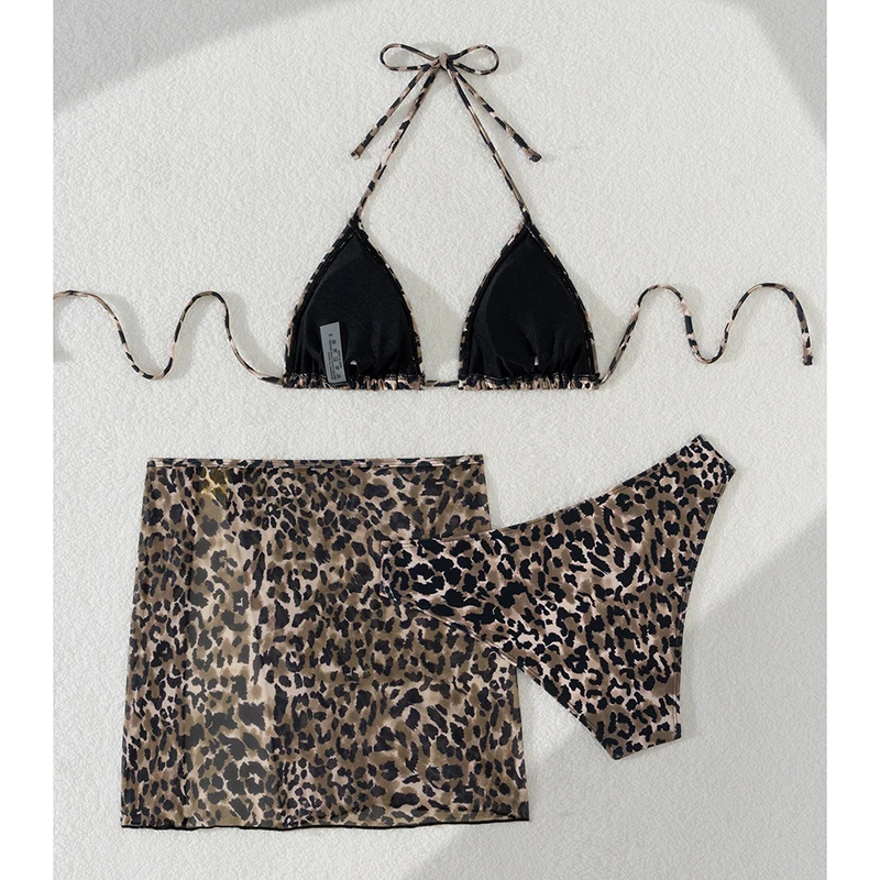 Traje de baño con estampado de leopardo para mujer, traje de baño Sexy con Tanga triangular, falda para cubrir, temperamento elegante, traje de baño para vacaciones en la playa de dos piezas