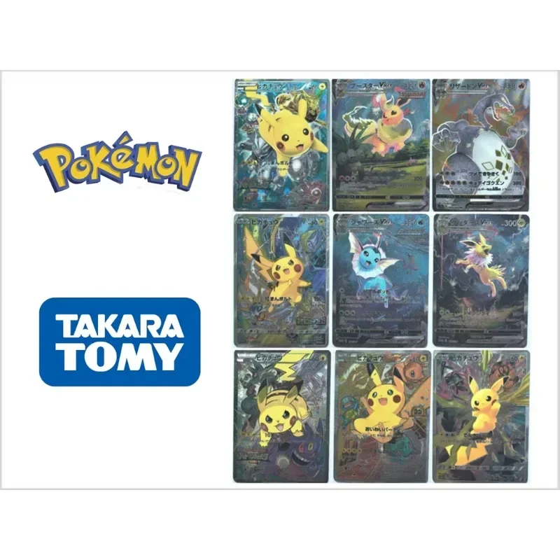 Pokemon Kaarten 9 piezas, Pikachu japonés, dragón que respira fuego, agua, Ibu, litografía, tallado de radio, cómic, juguetes de cartas, regalos para niños