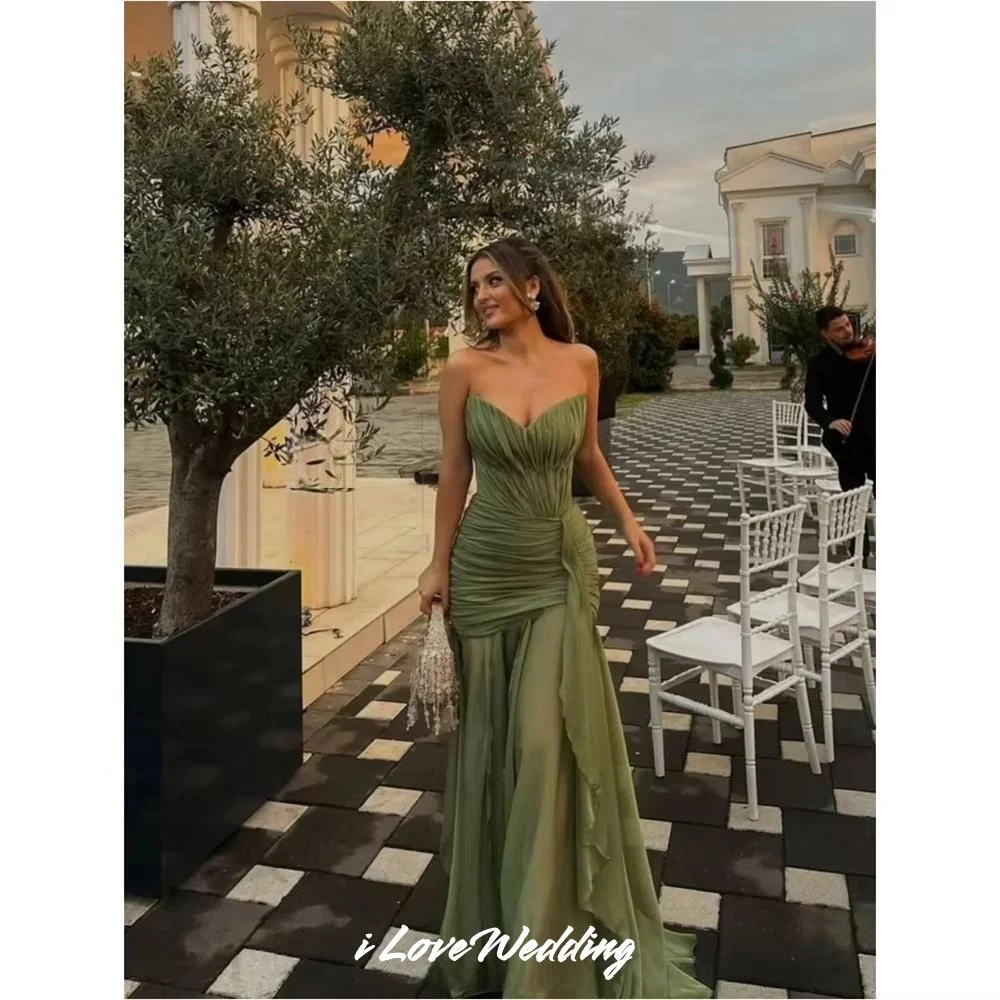 

Green V-Neck Prom Dresses Chiffon Sleeveless Backless Lace Mermaid Floor-Length Pleated Luxury Saudi Arabia Dubai Customized