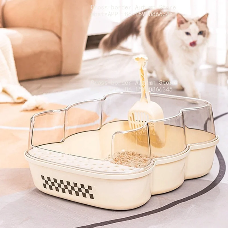 Semi-closed pet cat litter box extra large anti-splash cat toilet candy color baffle with cat litter shovel