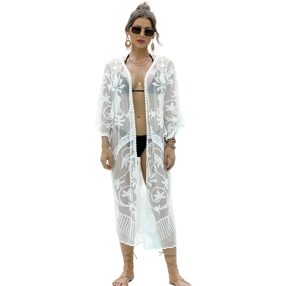 

Long See-through Women Cardigan Beach Dress Sexy Swimsuit Bikini Cover-up Lace Flowers Embroidery Pattern 3/4 Sleeve Loose