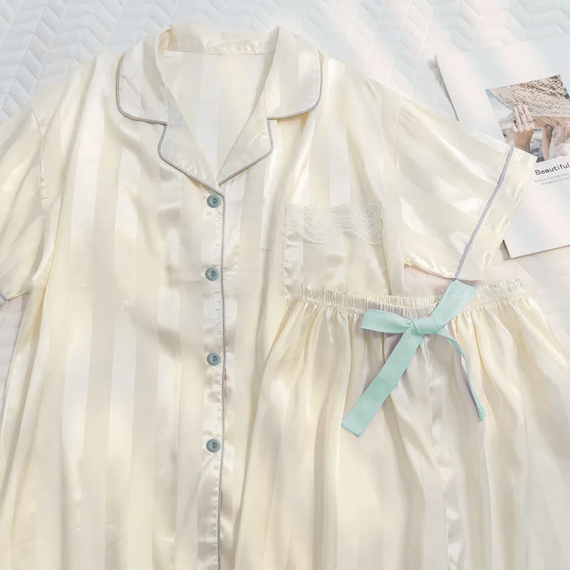 Set Women's Elegant Lounge Set, Plus Size Satin Striped Button Up Long Sleeve Shirt & Pants Pajamas 1
