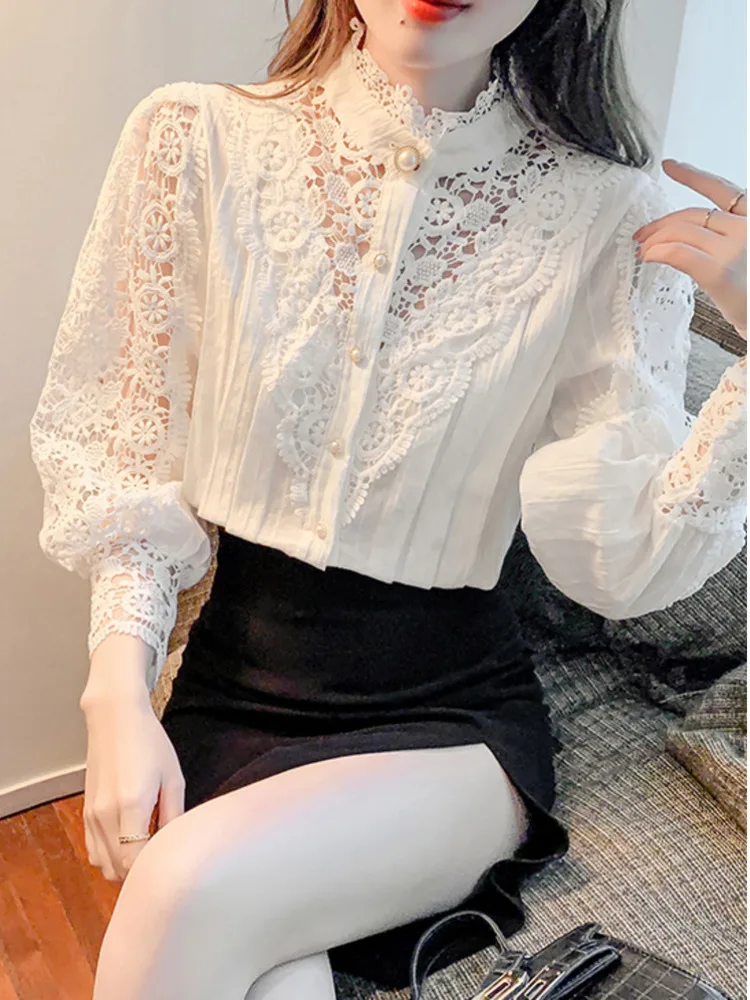 #3241 Black Beige Lace Shirt Women Stand Collar Split Joint Hollow Out Vintage Hollow Out Long Sleeve Shirt Ladies Pearls Button