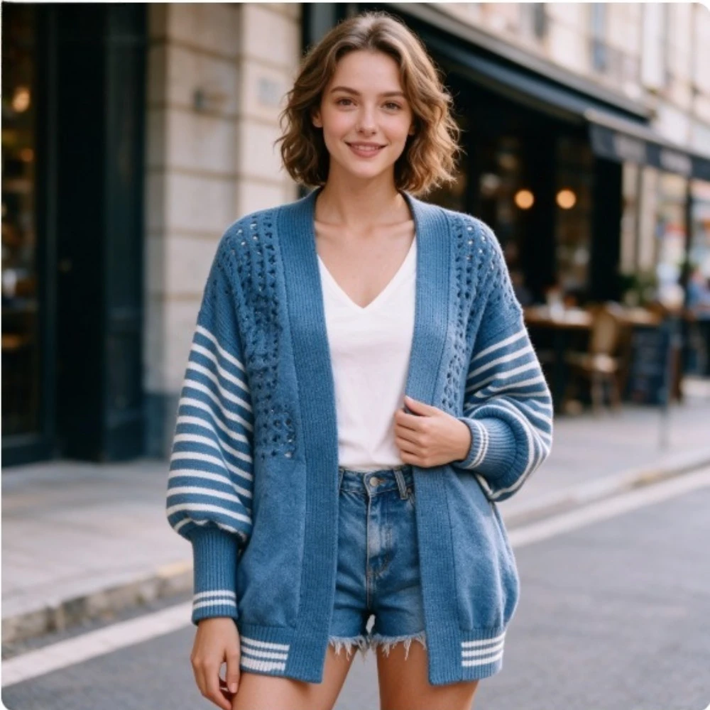 Hollow Craft Contrast Striped Long Sleeve Knit Cardigan Loose  Versatile  Jacket School Uniform For Student Daily Campus Outfit