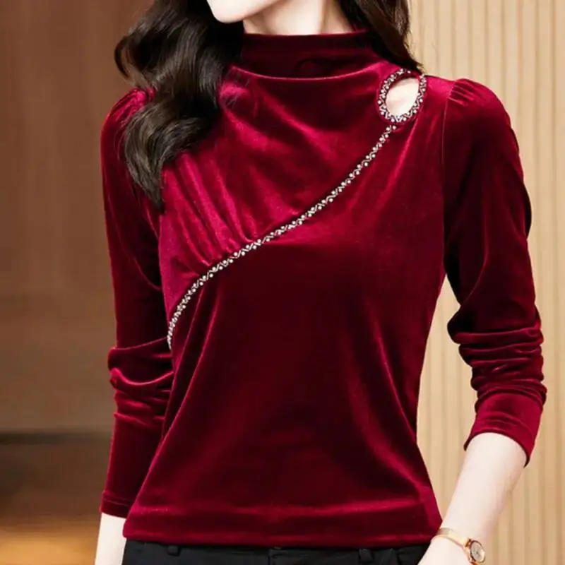 # 1649 Schwarzes Rotes Samt-T-Shirt für Damen Halbhoher Kragen Kurzes T-Shirt Damen Split-Joint Büro-T-Shirt Oberbekleidung Tee Shirt Femme