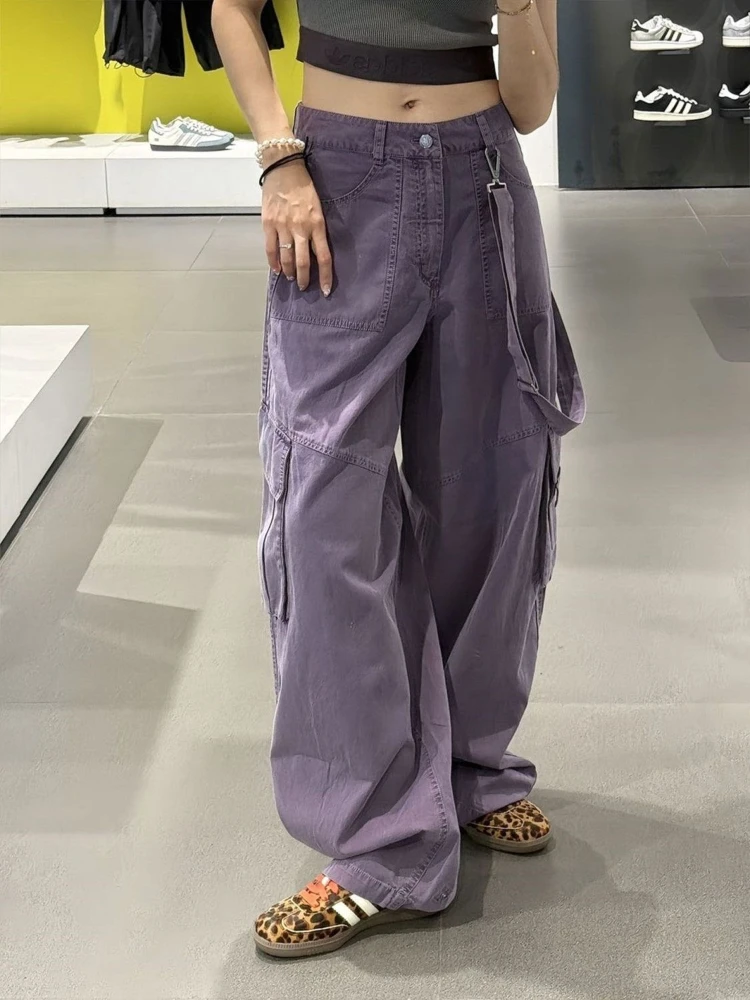 

Женские винтажные дизайнерские шикарные брюки-карго с высокой талией в стиле Харадзюку Y2k, фиолетовые свободные брюки длиной до пола, уличная одежда, широкие джинсы для отдыха