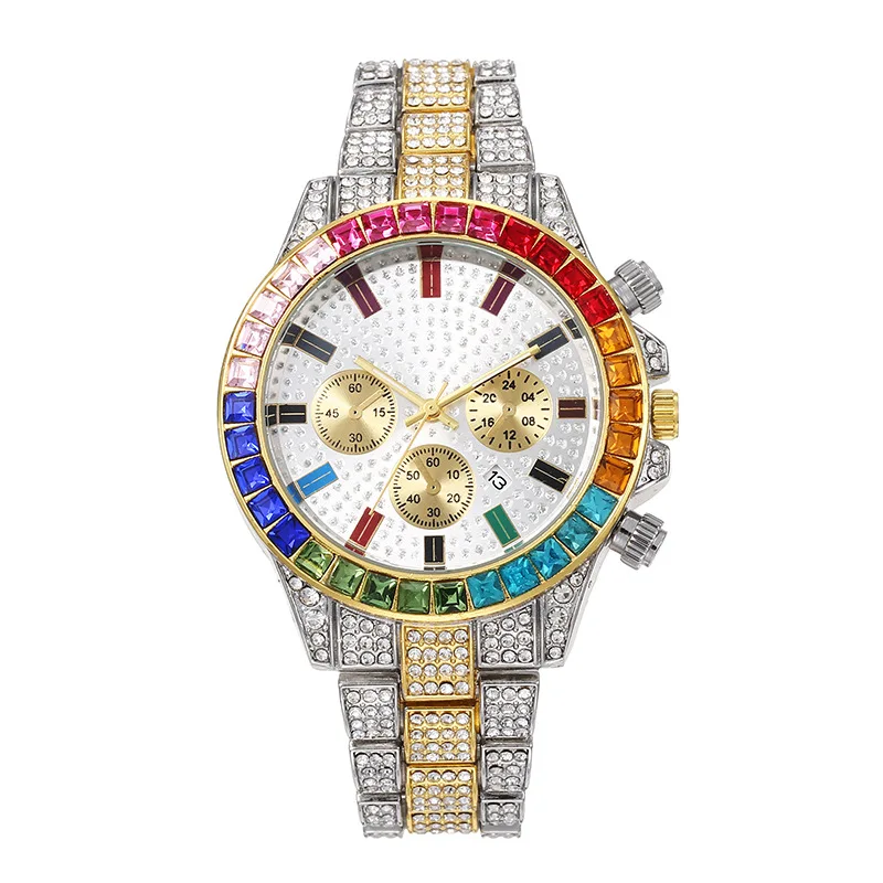 UTHAI BK114 Модные мужские часы, календарь с цветными бриллиантами, кварцевые часы с инкрустацией бриллиантами, роскошные подарочные часы для мужчин
