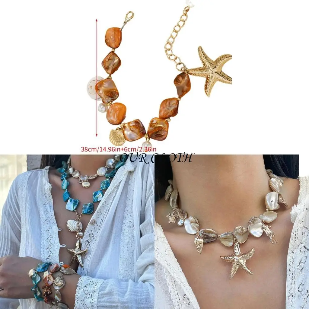 

Shell Necklace Choker Fashion Sea Shell Starfishs Faux Pearls Pendant Necklace Statement Thick Necklace Beach Jewelry Y1AC