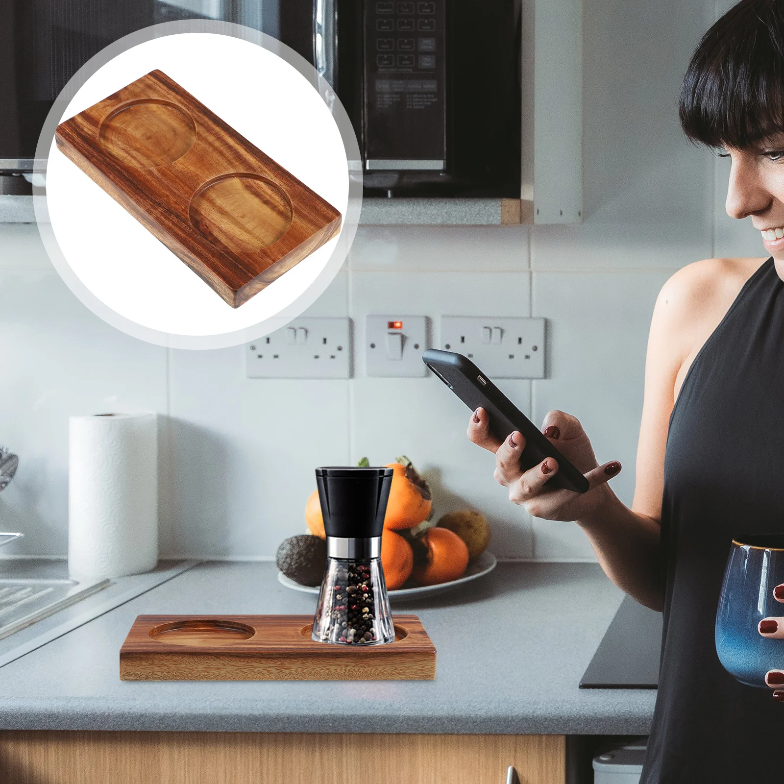 

Wooden Pepper Tray Multi-Functional Condiment Holder for Salt Grinder Oil Vinegar Sauce Bottles Kitchen Countertop Organizer