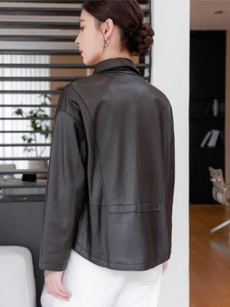 Giacca da donna in vera pelle monopetto casual manica lunga moda primavera autunno ufficio cappotto di pelle di pecora tinta unita