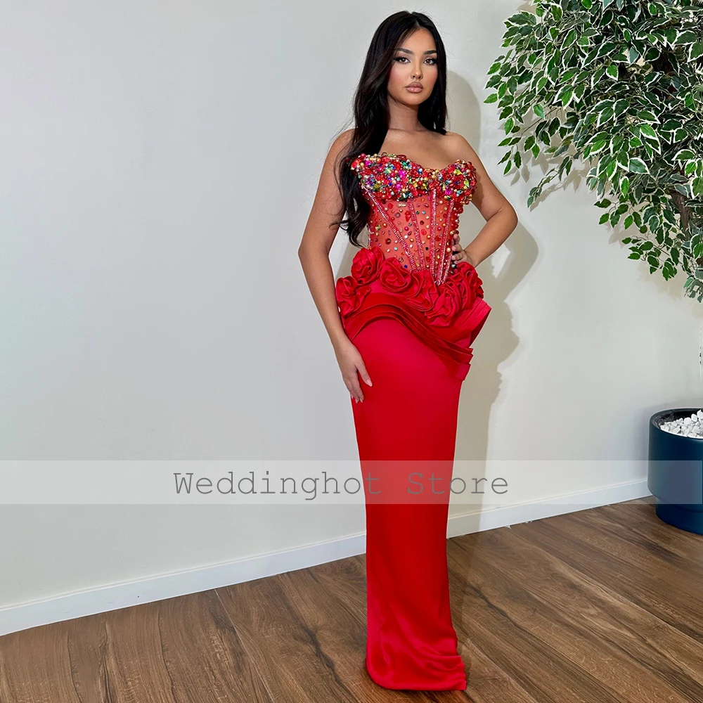 Luxury Evening Dress Crystal V Neck Red Satin Illusion Column Evening Gowns for Women 3D Flowers Ruffle Sexy Prom Dresses Long