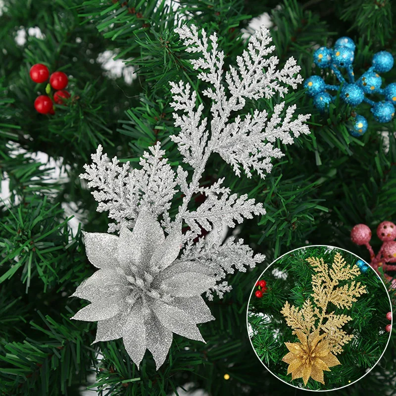 Glitter Hollow Artificial Flower Fake Flower Christmas Tree Decorative Wedding Wreath Xmas Party Decor New Year DIY Supplies Elf