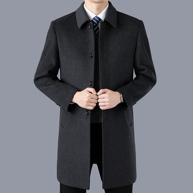 High Quality Winter Men\'s Woolen Coats Black Thicken Mid-Length Wool Windbreak Business Casual Warm Overcoat Outwear Long Jacket