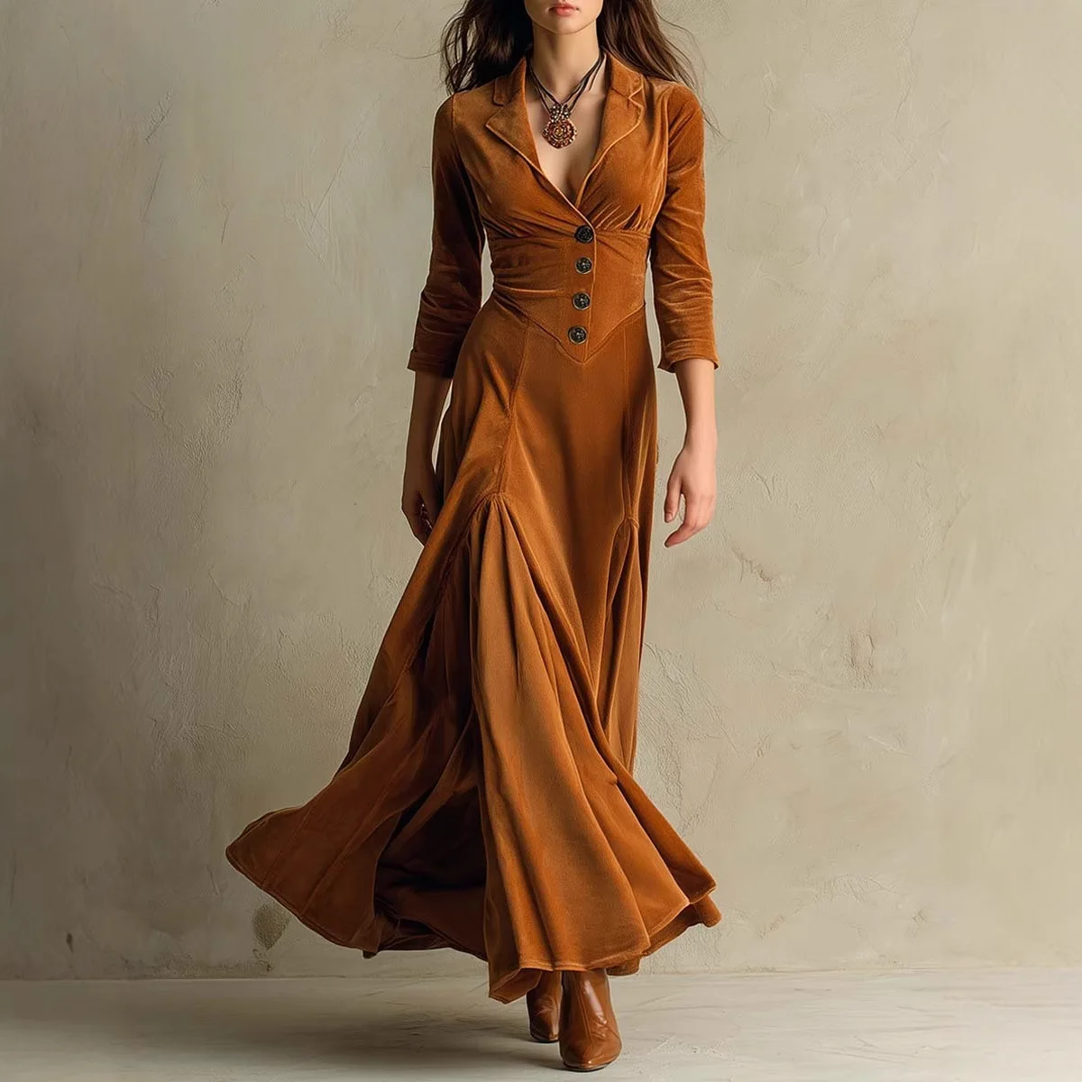 

Autumn Women Dress Vintage Lapel Collar Three-quarter Sleeves Velvet Lady Maxi Dress Solid Color Button Slim Fit Female Dress