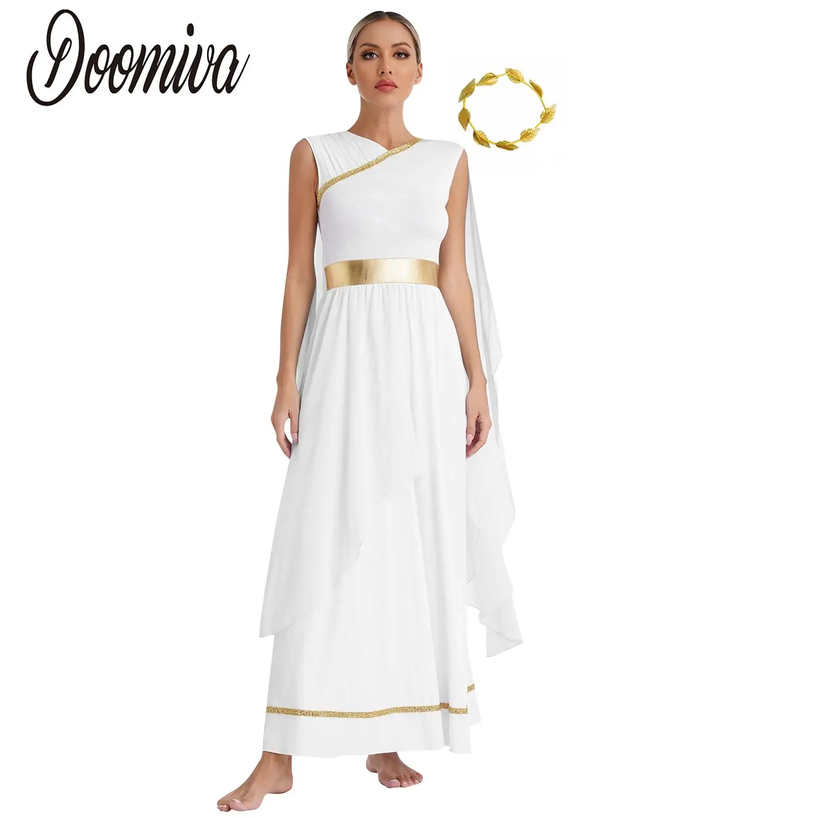 

Womens Greek Deity Cosplay Halloween Costume Chiffon Toga Long Dress with Headwear Greece Roman Goddness Queen Role Play Robe