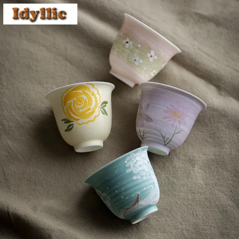 

2pc/lot Hand-painted Flowers And Fish Teacup Zen Tea Bowl Tea Pair Tea-tasting Personal Cup Chazhan Master Cups Tea Set 45ml