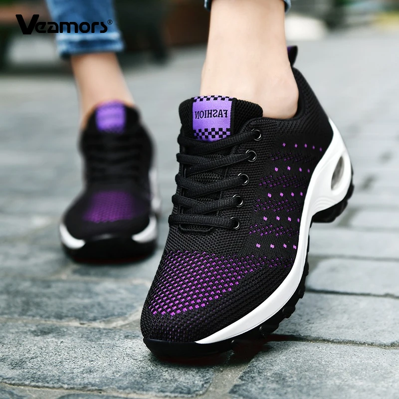

Женские кроссовки с дышащей сеткой, вязаные повседневные кроссовки на воздушной подушке, модная обувь на платформе, прогулочная обувь на шнуровке