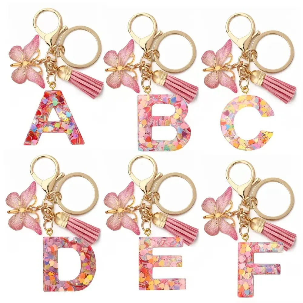 Charms 26 Letter Keychain Butterfly Resin Acrylic leather Tassels key Chain For Women Girl Friend Gift Jewelry DIY Accessories