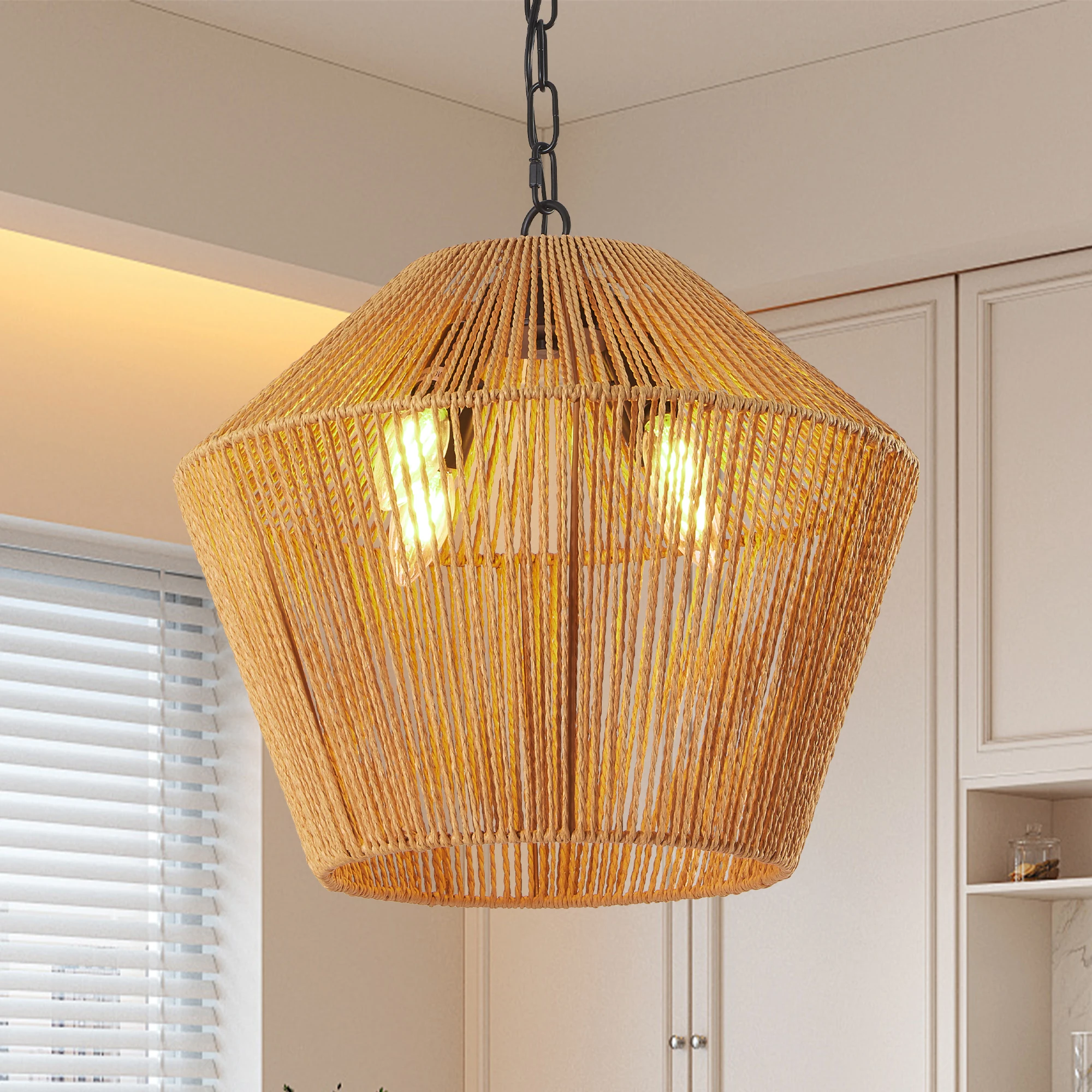 

Hemp Rope Pendant Light, Handcrafted Farmhouse Hanging Light Fixture for Kitchen Island,Adjustable Height (Bulb Not Included)