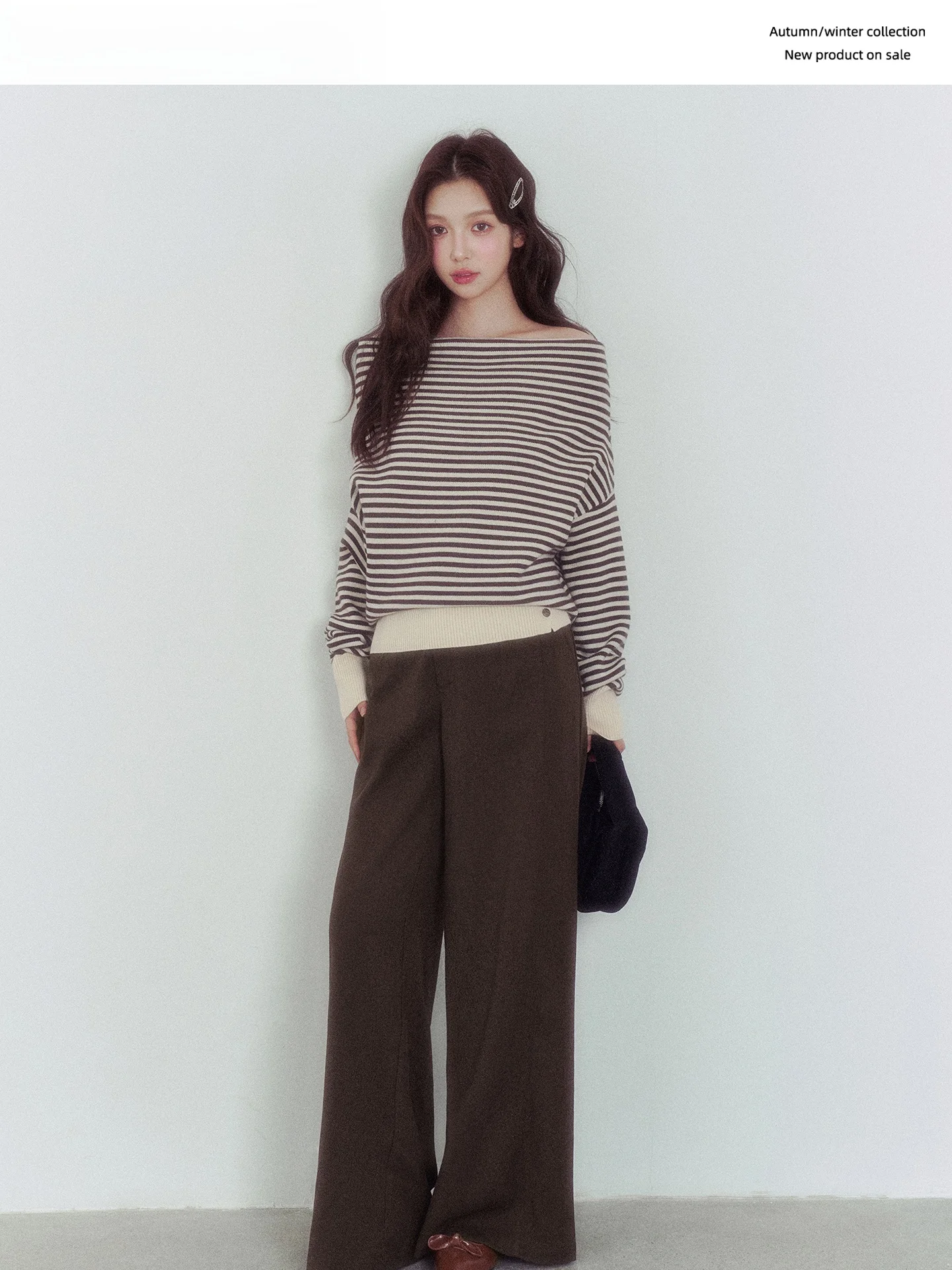 

Maxment Autumnal Mocha Retro Striped Casual Knitted Sweater One-oulder Korean Sle Women's Faion Top