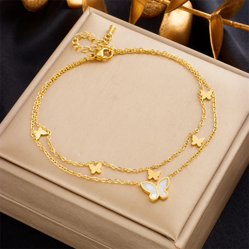 Stainless Steel Multi-layer Butterfly Pendant Chain Link Anklet For Women Girl New Trend Non-fading Jewelry Birthday Gift