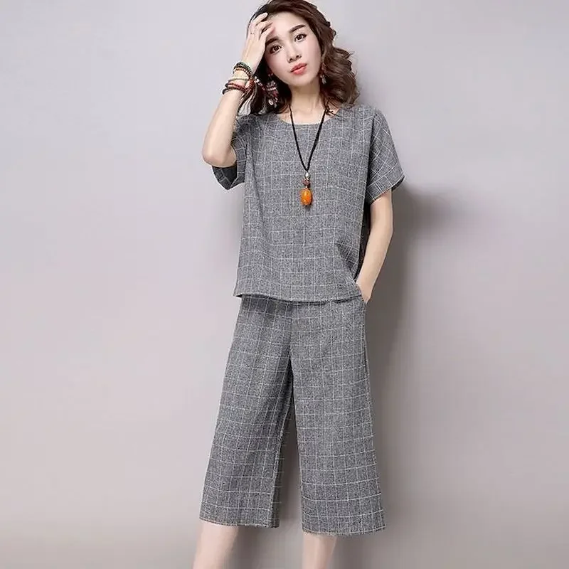 

Женский костюм, корейский свободный костюм, большой размер, имитация хлопка и льна, широкие брюки, футболка большого размера, комплект из 2 предметов, новинка лета 2023 г.