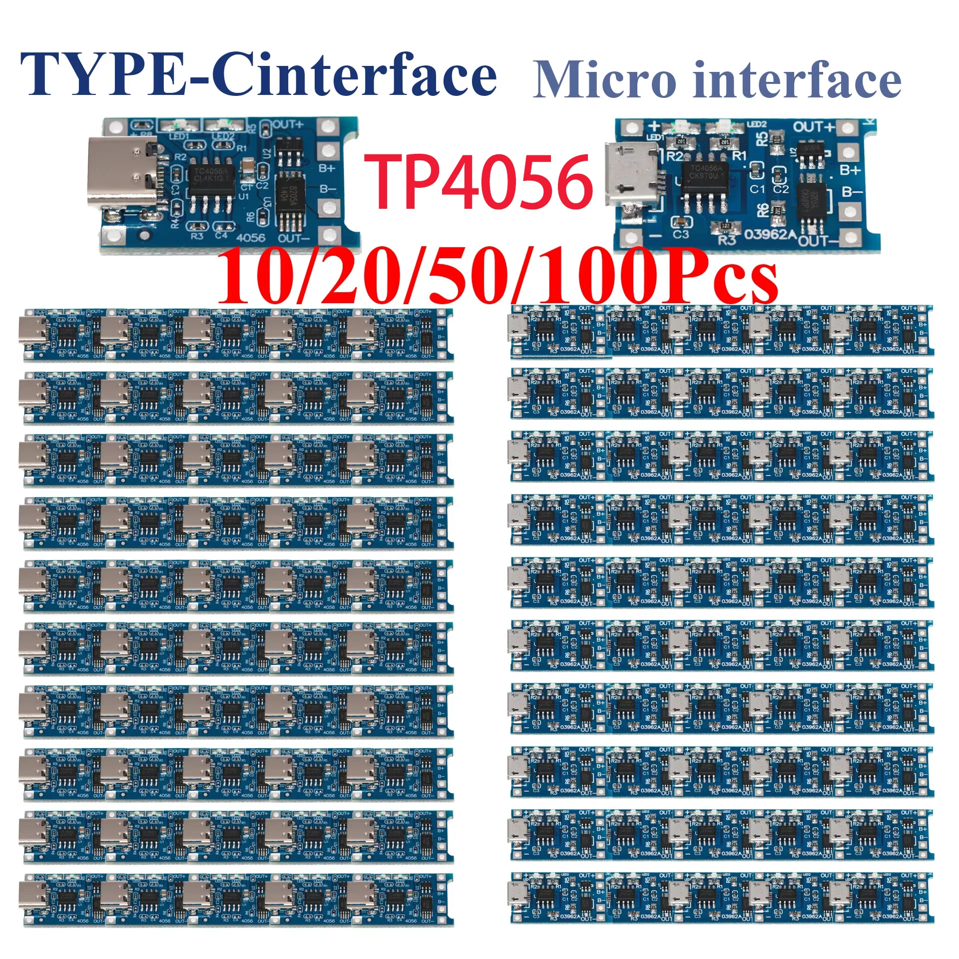 10/20/50/100PcsTP4056 1A Lithium Battery Charging Board Module, TYPE-C USB Port, Integrated Charging and Protection Function