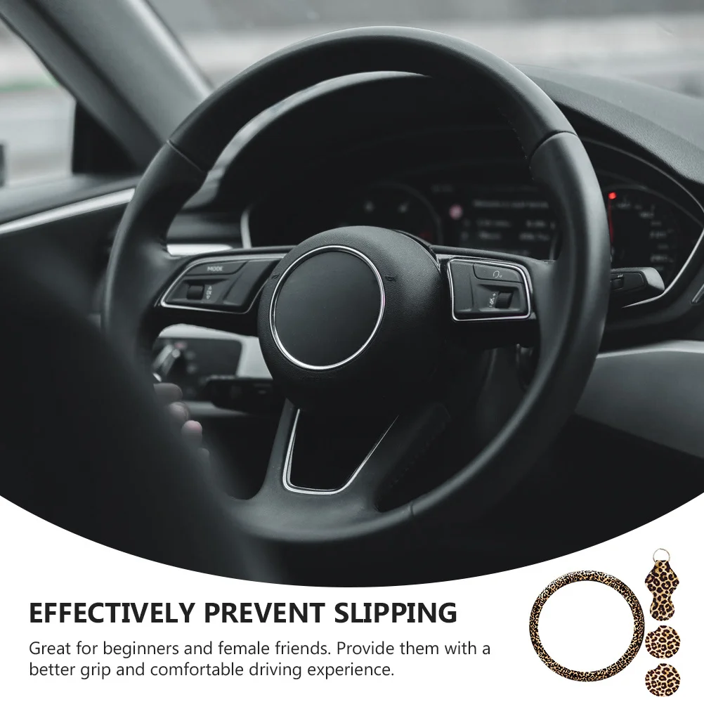 

1Set Steering Wheel Cover Keychain Kit Leopard Print Anti-Skid Grip for Car Steering Wheel Auto Accessory Decor Interior