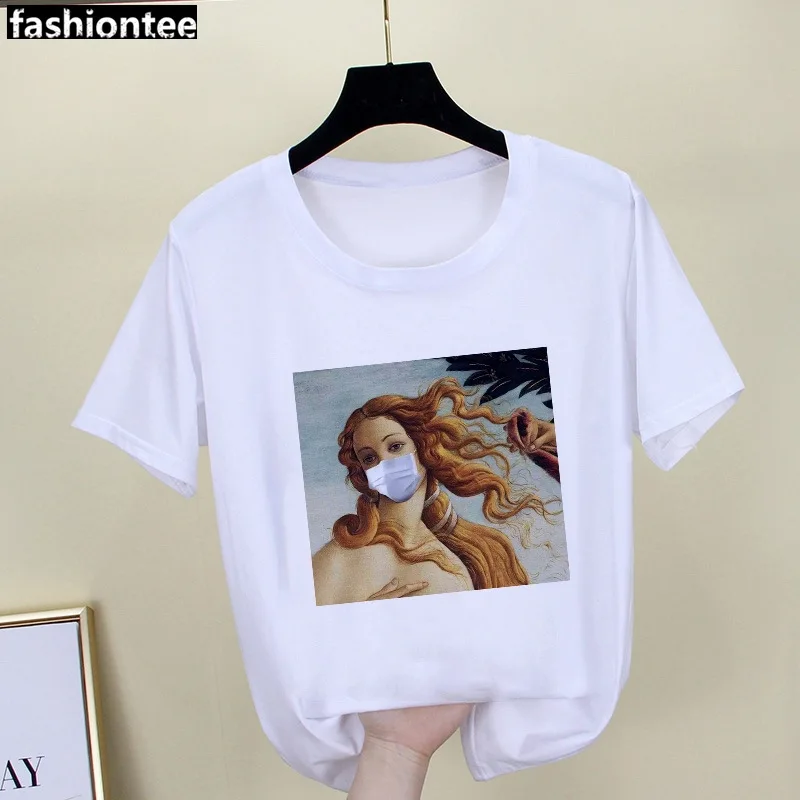 

Parody Retro Oil Painting Print Ladies Simple Loose White Round Neck Short Sleeve T-shirt Women Clothing Graphic Tops Harajuku