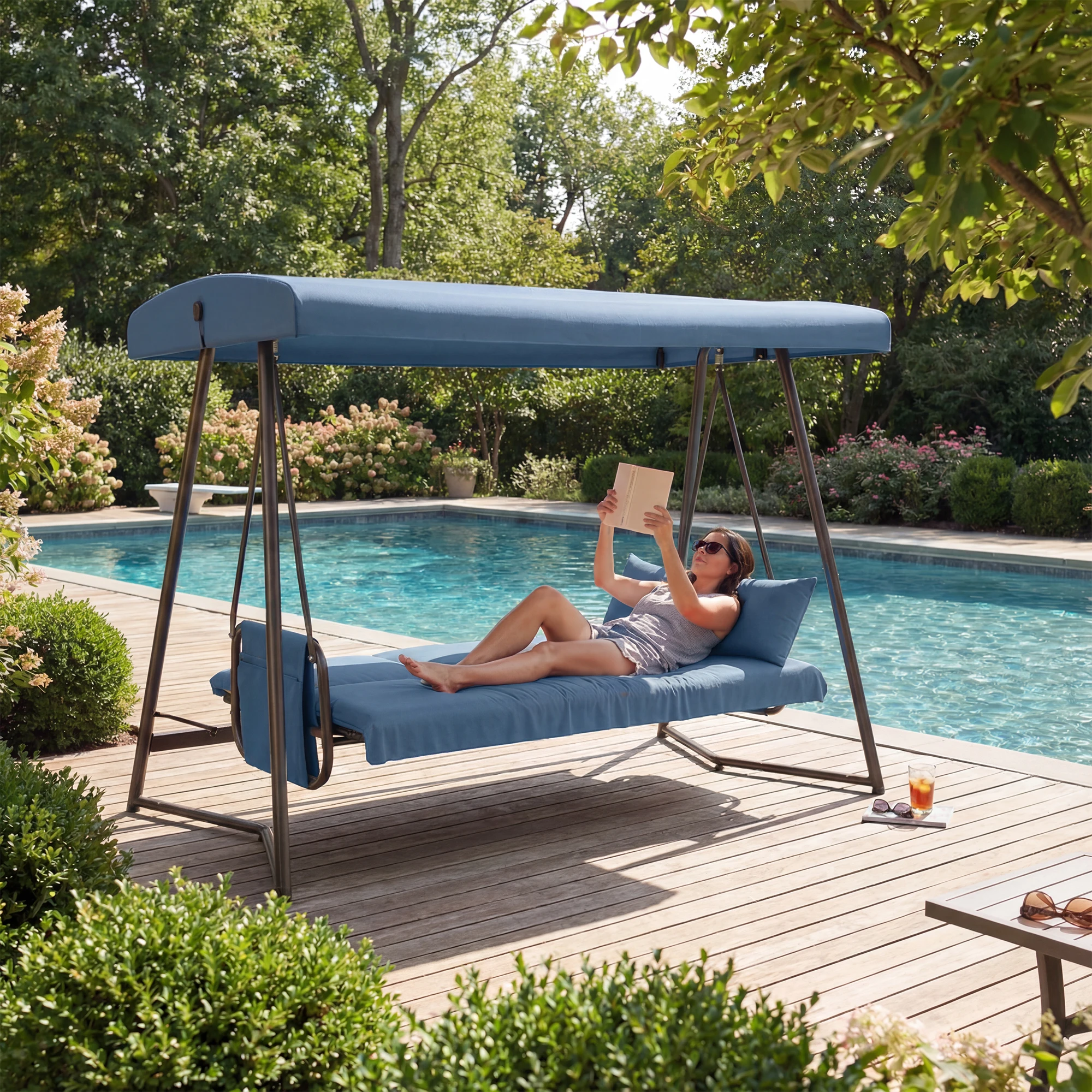 

3-in-1 Hanging Patio Swing Bed With Adjustable Canopy, 3-Seater Supports 600 Lbs, 45° Tilt Canopy,Waterproof & Rust-Resistant