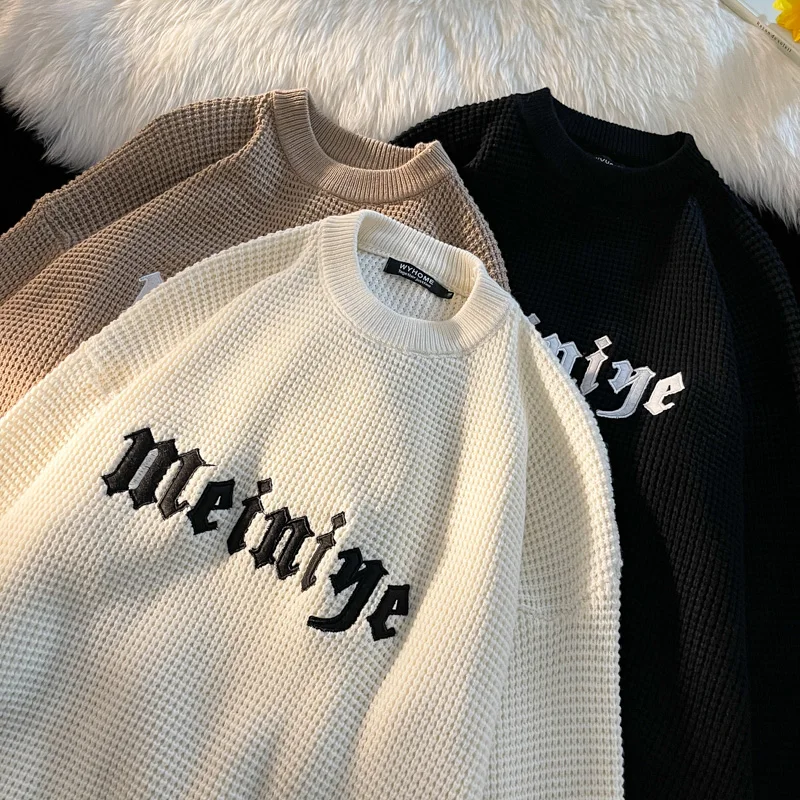 

Мужской вязаный свитер в американском ретро-стиле с круглым вырезом, вышивкой букв, свободного кроя, весна-осень, повседневный, с длинными рукавами