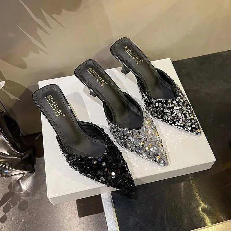 

Французские летние туфли-мюли на тонком каблуке с открытым носком, новинка, с пайетками, заостренные, на высоком каблуке