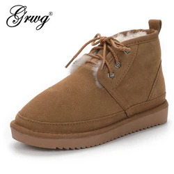 Fashion Snow Boots For Women Lace-Up Winter Shoes Genuine Cowhide Leather Real Wool Natural Sheep Fur Lined Ankle Short Boots