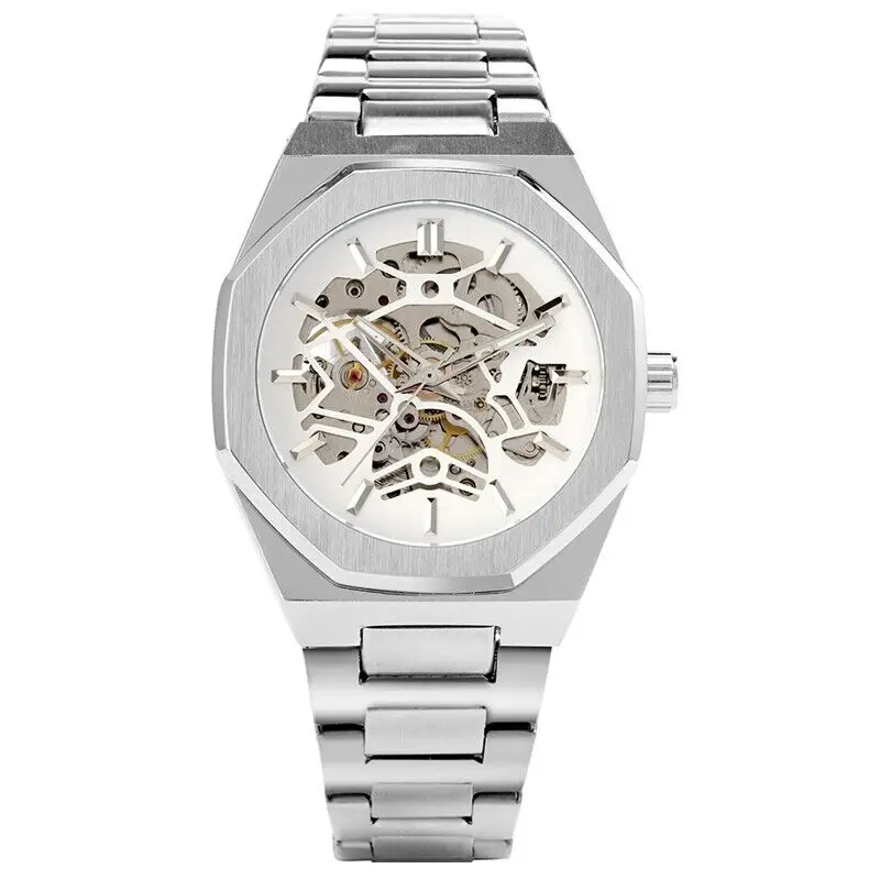 Forsining Mens Automatic Mechanical Watch Stainless Steel Skeleton Dial Luxury Мужские автоматические часы