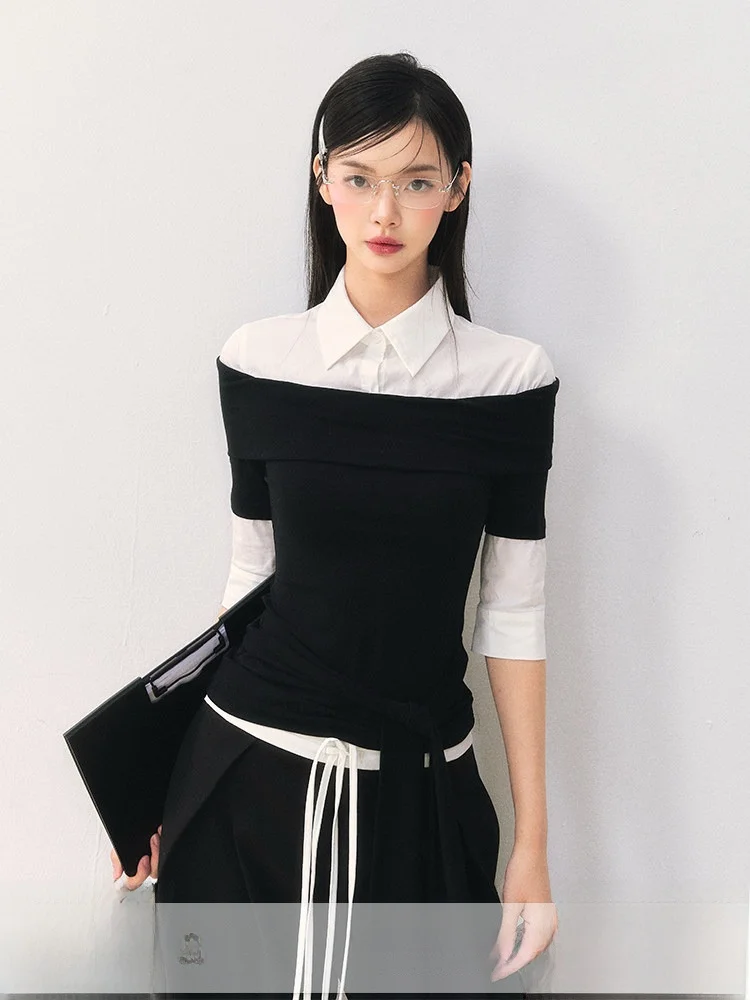 

Anna Cute College Sle irt Jaet oulder Bared T-irt Belted Korean Version Fake Two-Piece Top Skin-Friendly Breathable