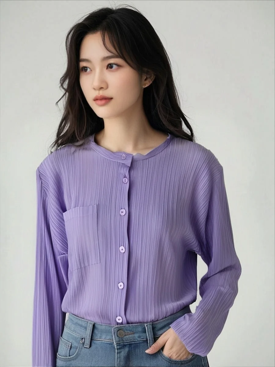 

Miyake Fold Collar Jacket 2025 Spring and Autumn Versatile Pleat Collar Solid Color Loose Casual Fashion Cardigan Top Short