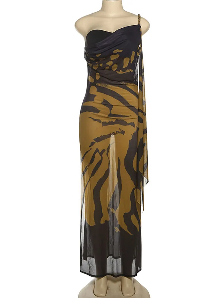 Nibber Sexy Fashion Patchwork Dress Women Irregular Single Shoulder Strap See Through Splits Hem Street Elegant Long Bodycon