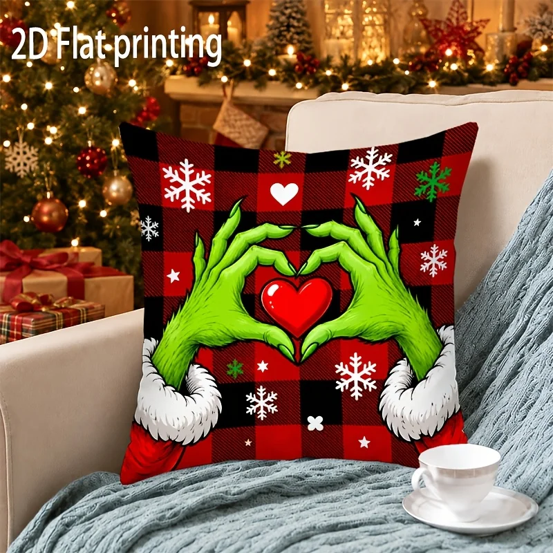 Christmas Throw Pillow Cover, 2D Flat Print, Green Hand Make Heart Pattern, Red Black Buffalo Plaid Snowflake Cushion Case for