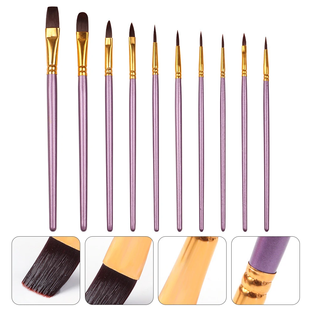 

10Pcs Nylon Wool Oil Painting Brush Set Violet Wooden Handle Solid Wood Holder Copper Tube Interface Multifunctional