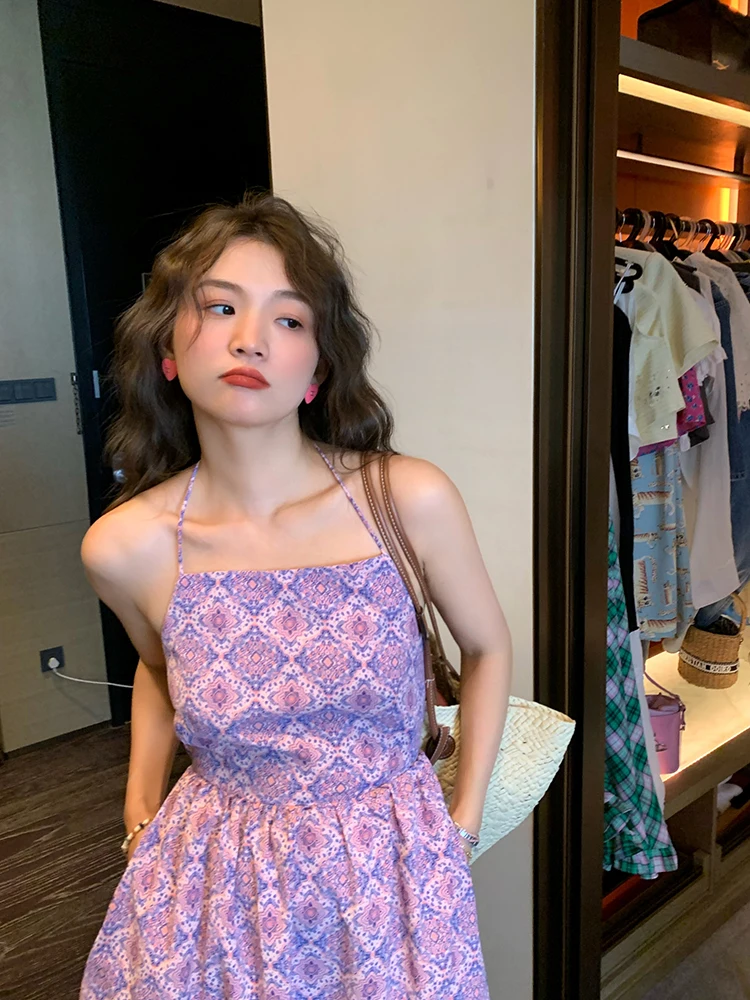 ピンクのストラップレスサマードレス レディース 2025年新作 バックレスドレス 韓国風 ハイウエスト Aライン ロングドレス 花柄プリント
