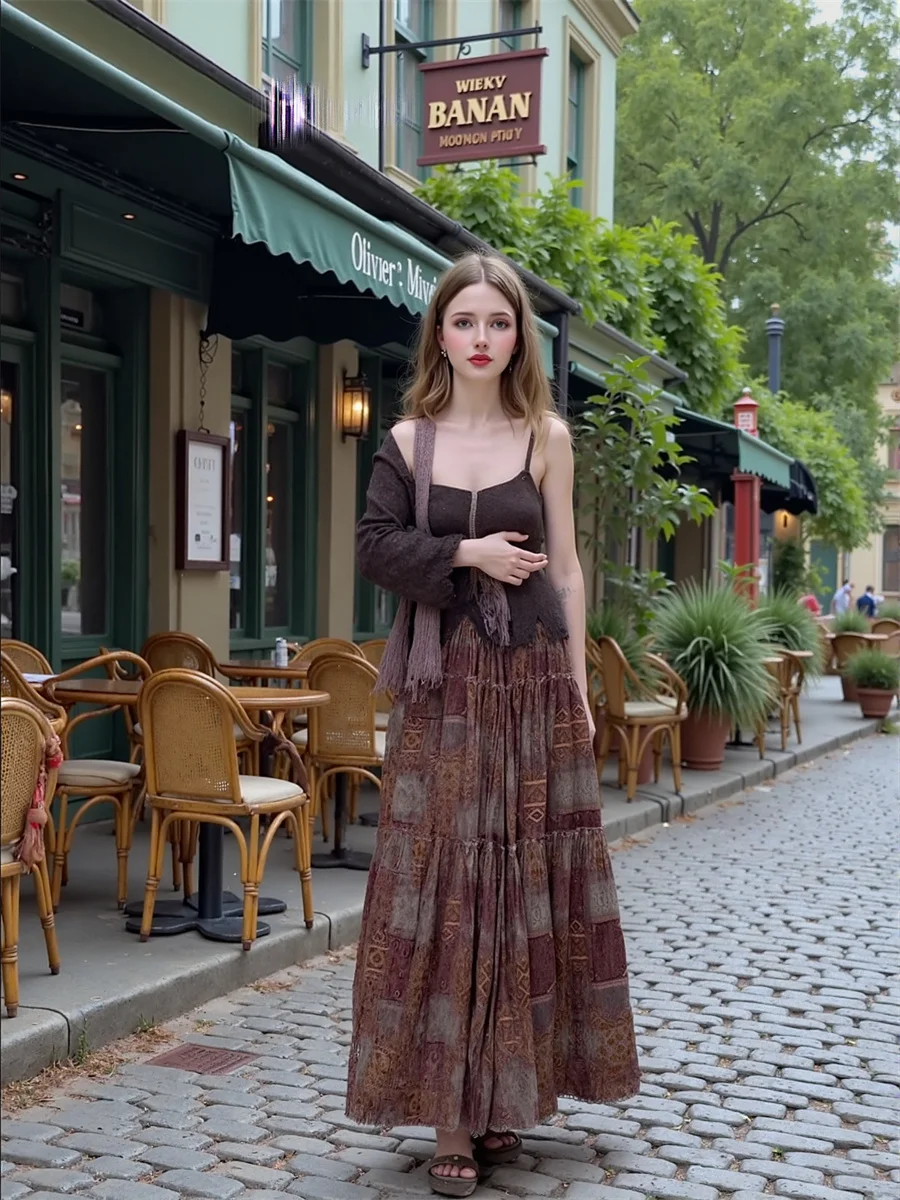 กระโปรงยาวพิมพ์ลายวินเทจสำหรับผู้หญิง ผ้าทูลล์ตาข่ายประดับลูกไม้ ผูกเชือกเอว ทรงเอไลน์ไม่สมมาตร สไตล์ชิค เหมาะสำหรับใส่ไปเที่ยวคลับหรือใส่ลำลอง น้ำหนักเบา