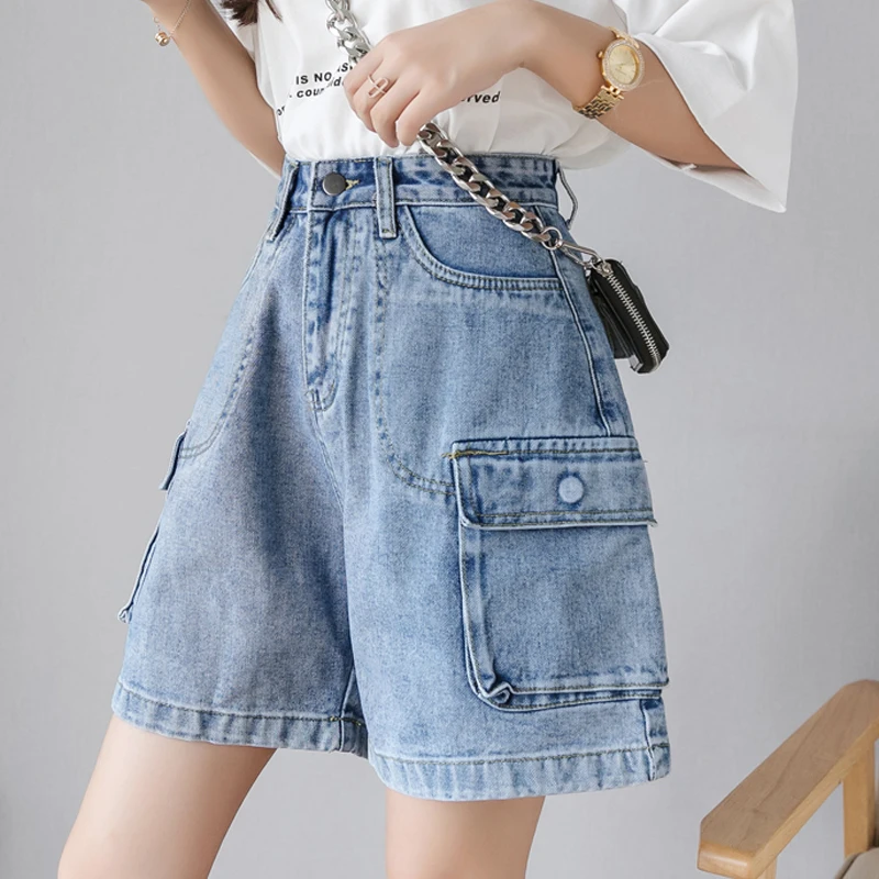 

Idopy Women`s High Waist Wide Leg Jeans Y2K Fashion Cute Loose Fit Baggy A-Line Multi Pockets Cargo Denim Shorts Jeans Shorts