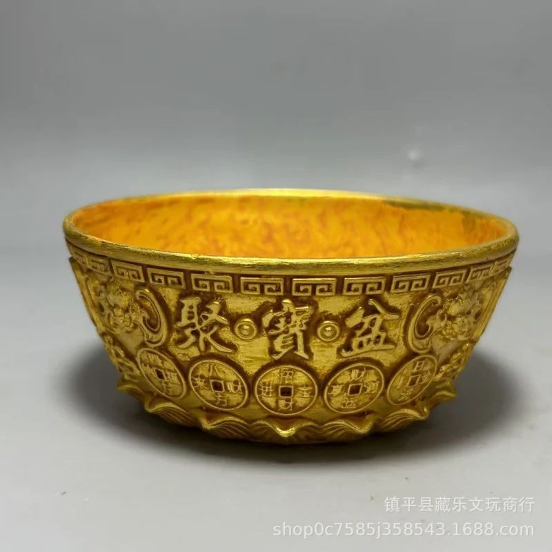 Antique Treasure Basin, Vintage Embossed Gilt Fortune- Ornament, Rice Jar for Living Room, Wealth-Attracting Home Deco
