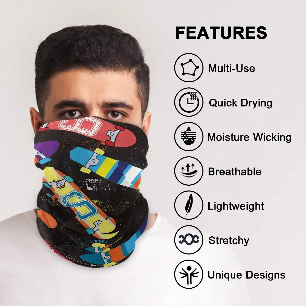 Cara de monopatín brillante, máscara para el sol y el polvo, pañuelos, polaina elástica sin costuras para el cuello, bufanda mágica, diadema, pasamontañas