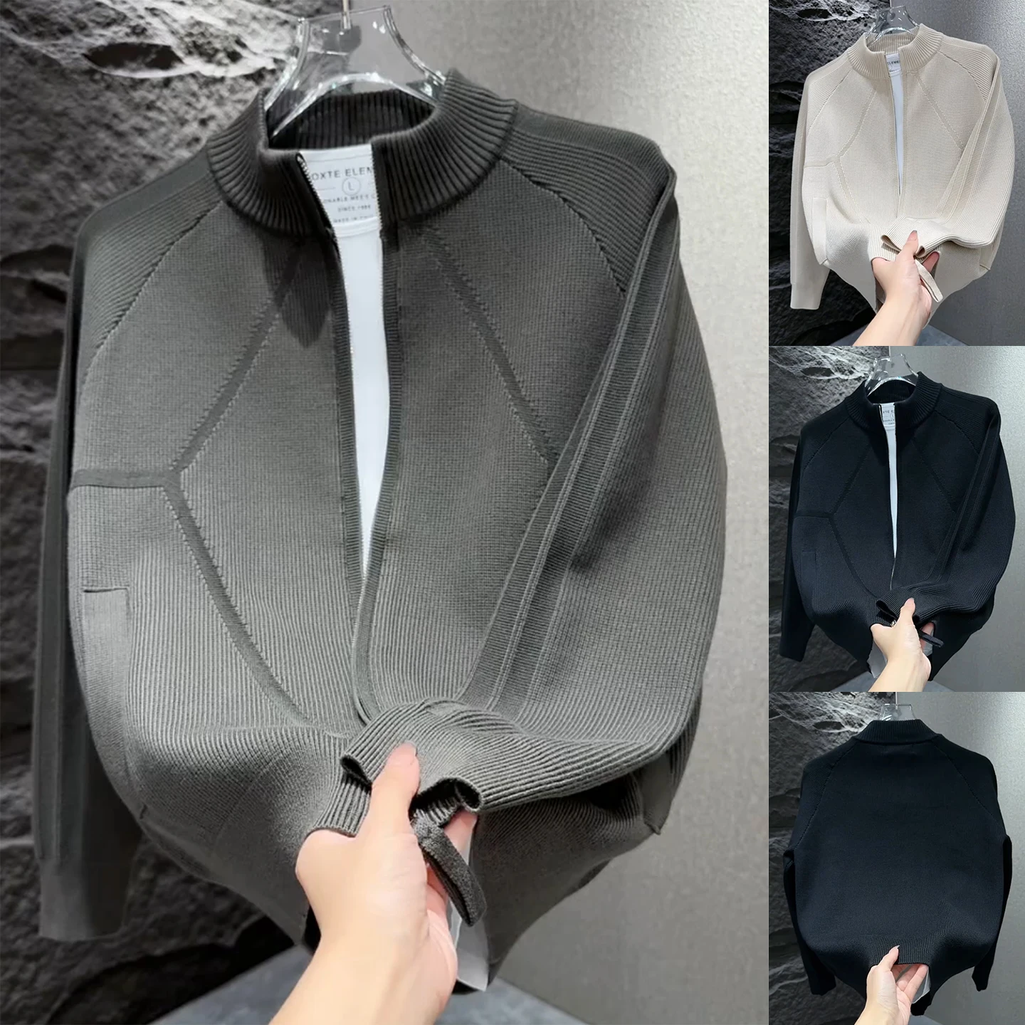 

Модный лоскутный трикотаж на молнии, мужской универсальный повседневный свитер с воротником-стойкой, модная американская верхняя одежда, осень-зима