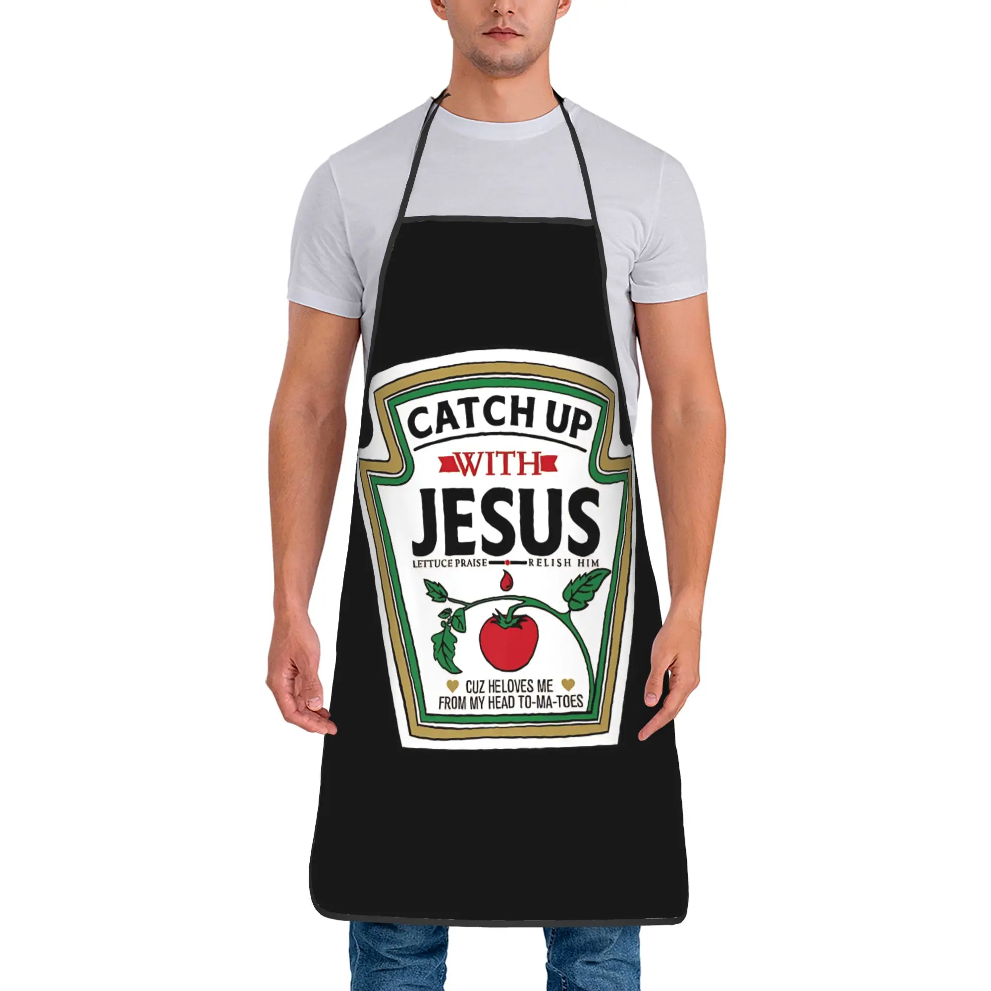 

Catch Up With Jesus Ketchup Bib Apron Oil-Proof Polyester Funny Christian Kitchen Pinafore for Women Men Adult Fashion Work
