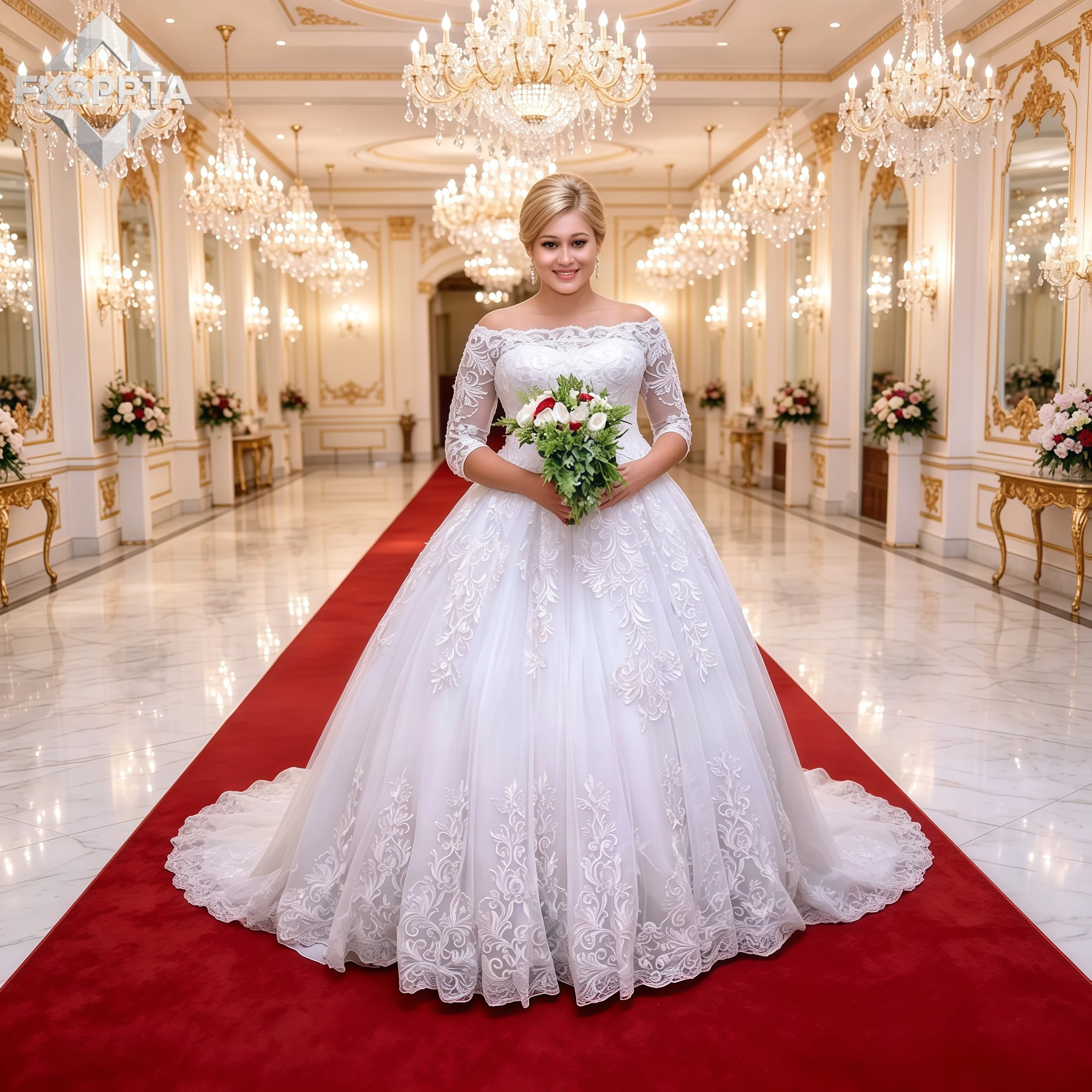 White Off Shoulder 3/4 Sleeve Lace Tulle Wedding Dress With Train Vestido De Novia Wedding Bride Dress Custom Made