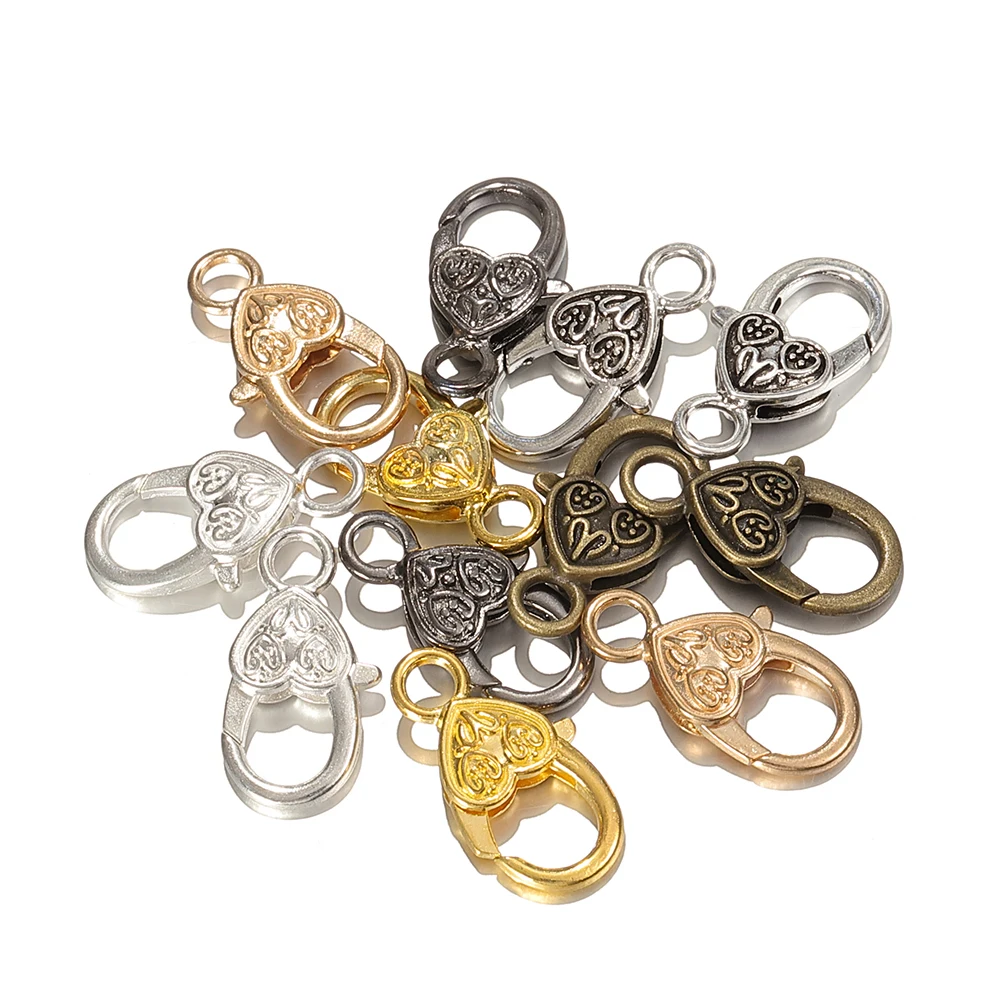 10pcs Metal Heart-Shaped Lobster Clasp Connectors Vintage Engraved Heart Alloy Keychains for DIY Pendant Jewelry Making